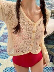 DAZY Women's Solid Color Long Sleeve Single Breasted Cropped Knitted Semi-Sheer Cardigan,Fall Women Clothes - White - View 2