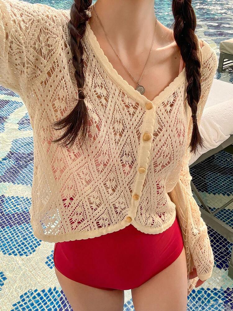 Women's Solid Color Long Sleeve Single Breasted Cropped Knitted Semi-Sheer Cardigan,Fall Women Clothes