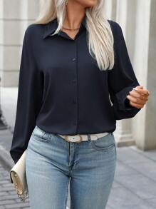 EMERY ROSE Women's Solid Color Casual Commuter Shirt With Turndown Collar, Front Placket, Back Pleats, Curved Hem, Long Sleeve Blouse, Suitable For Spring And Autumn Fall Cloth For Women - Navy Blue - View 7