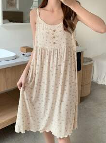 DAZY 女士碎花无袖纽扣宽松睡袍睡衣 - 米色 - 查看 4