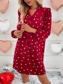 SHEIN LUNE Spring New V-Neck Ruffle Hem Romantic Heart Pattern Cute & Elegant Ladies Short Dress Valentine's Day Heart - Red - View 6