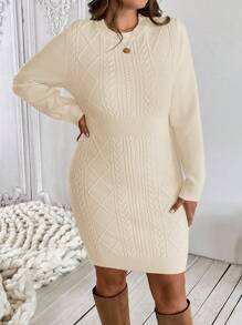 SHEIN LUNE Women Plus Size Textured Crew Neck Long Sleeve Cinched Waist Sweater Dress, Autumn/Winter