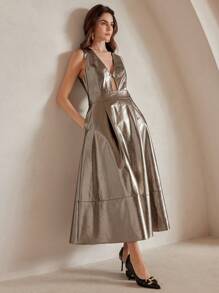 Anewsta Vestido de mujer Anewsta de unicolor con detalles metalizados, bolsillos y cuello en V, conjunto de primavera/verano para mujer, festival