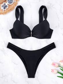 Summer 2pcs/Set Women Solid Color Sexy Vacation Push-Up Adjustable Strap Metal Decor Bikini Set