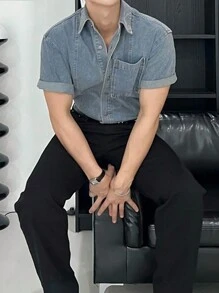 DAZY Men's Solid Blue Denim Shirt For Summer - Blue - View 3