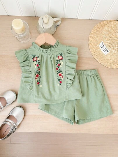 SHEIN LMoss Kids 女婴 LMoss 夏季假期可爱花卉印花荷叶边上衣和短裤套装