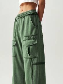 Bohemela Damen einfarbige Lässig gestrickte Weite Bein Hose mit Taschen