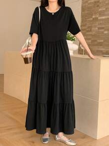 DAZY 女式休闲落肩中长连衣裙，纯色夏季 - 黑色 - 查看 4