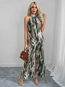 SHEIN Clasi 2pcs/Set Women Elegant Tie Dye Print Halter Top & Wide Leg Loose Pants Set, Spring/Summer - Multicolor - View 6