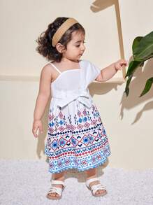 SHEIN Baby Girls Summer Cute Geometric Pattern Strap Sundress - White - View 6