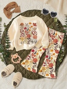 SHEIN Baby Girls Floral Print Sweatshirt And Bell Bottoms Casual Soft Knit Simple Pullover Two-Piece Outfit