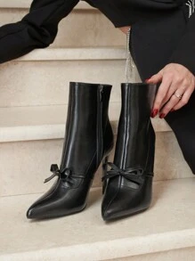 CUCCOO CHICEST Pointed Toe Stiletto Heel Bow Decor Elegant & Fashion Minimalist Ankle Boots For Women, Suitable For Christmas, New Year Party, Date Night - Black - View 7