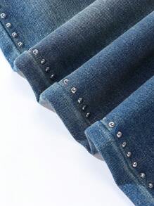 Jeans dritti rilassati per ragazze adolescenti, stile vintage, bohémien, Y2K, urban street, con dettagli dello stub, vita elasticizzata e chiusura a bottone, tasche piatte e dettagli a baffi di gatto - Blu lavato scuro - Visualizzare 8