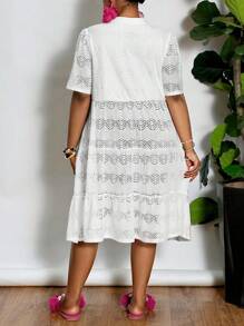 Slaydiva Romantisch & süß & Urlaub & lässiges Große Größen Damen V-Ausschnitt Cut Out Puffärmel A-Linie Mini locker sitzendes Kleid - Weiss - Übersicht 3