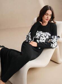 Anewsta Hand-Sewn Pearl & Sequin Embellished Delicate Knitted Sweater Dress - Black - View 4