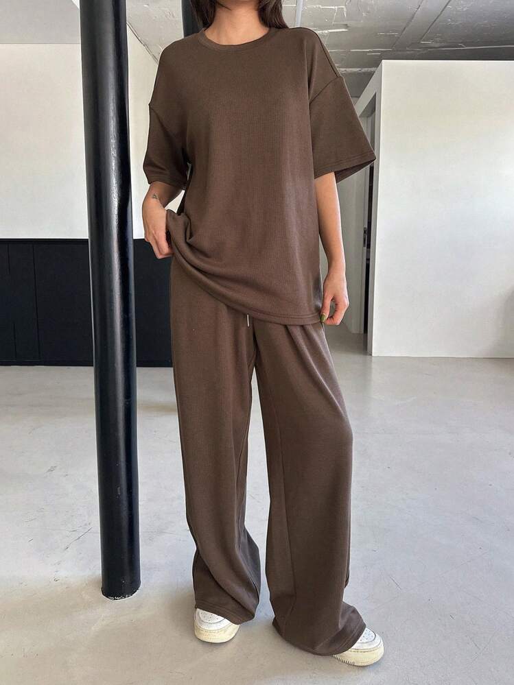 DAZY 2 pièces/Set Femmes Top à manches courtes col rond de couleur unie et pantalon long d'été - Kaki - Voir 6