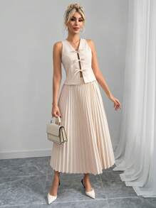 Ellevyn Women's Elegant Bowknot Tank Top & Pleated A-Line Skirt, 2 Pieces Outfit Suitable For Commute & Going Out, Spring/Summer Summer Clothes Women Skirt Set Spring Outfits For Women Two Pieces Set Women Concert Outfit Women Office Outfits For Women Wedding Guest Dress Women - Apricot - View 7