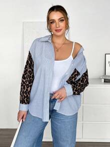 SHEIN Essnce Lässig gestreiftes Hemd für Damen in Große Größen, Leopard Muster Langarm-Oberteil