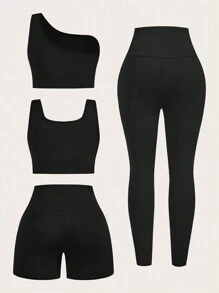 SHEIN Essnce Đồ thể thao nữ cỡ lớn, Bộ 4 món, Bộ đồ nữ, Đồ tập yoga, Đồ mặc ngoài, Bộ đồ mùa hè, Bộ đồ tập thể dục, Quần bó, Quần bó, Bộ đồ đen - màu đen - Xem 2