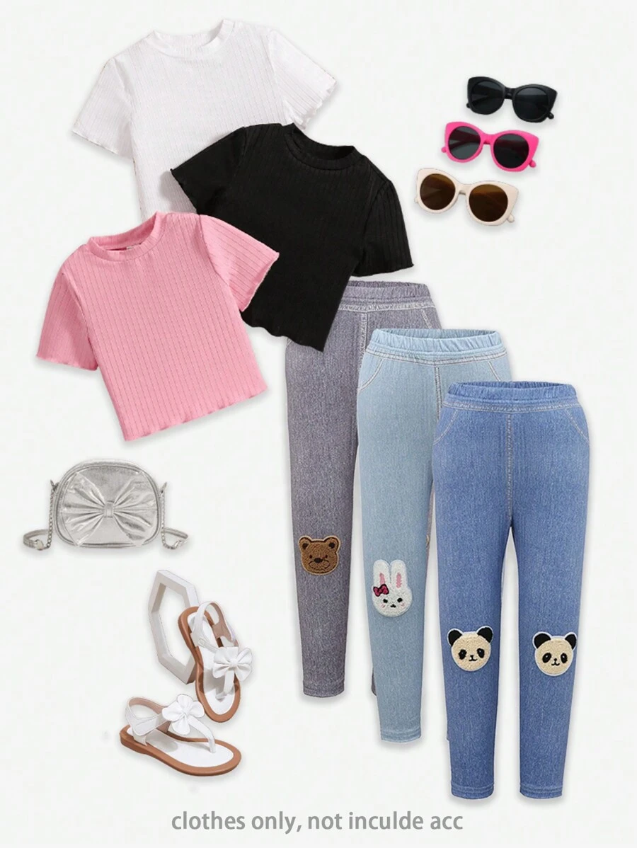 SHEIN 3pcs/Set Girls Denim Effect Cute Cartoon Pattern Long Leggings Set - Multicolor - View 1