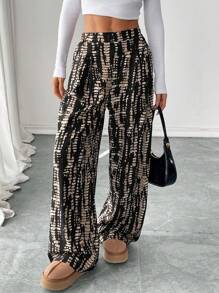 SHEIN Essnce Women's Asymmetrical Printed Casual Wide Leg Pants - Multicolor - View 2