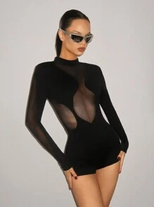 SHEIN ICON 长袖立领网眼拼布连体衣