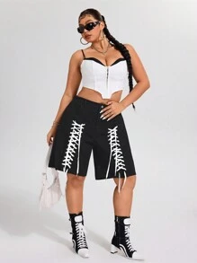 SHEIN ICON Street Fashion Lace-Up Washed Non-Stretch Denim Shorts - Black - View 3