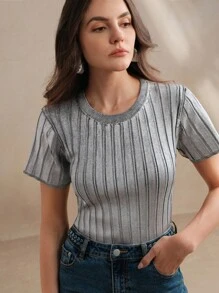 Anewsta 女士罗纹圆领金属涂层修身 T 恤上衣，节日外出，春夏 - 銀色 - 查看 5