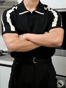 DAZY Men's Contrast Color Casual Knit Top, Short Sleeve - Black - View 1