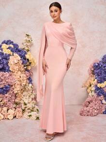 SHEIN Belle Elegant And Romantic Pink Round Neck, Long Sleeves, Ruffle Pleats, Asymmetric Side Floating Fishtail Hem, Knitted Elastic Fabric, Birthday Party, Wedding Dinner, Bridesmaid Dress - Pink - View 6