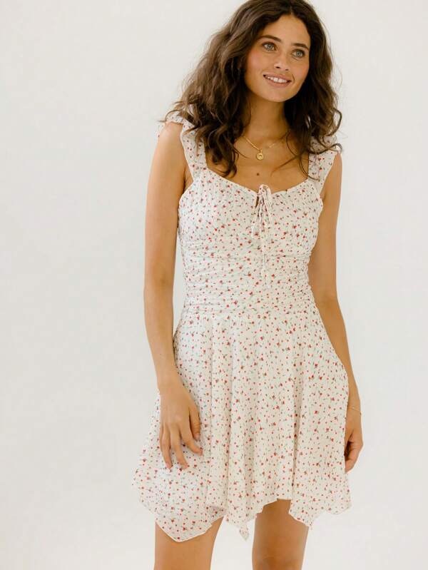 Aralina Vestido de fiesta mini con pliegues, cuello con lazo y estampado floral texturizado para vacaciones