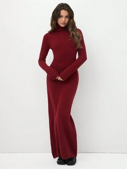 TRNVIE 女士纯色长袖简约风格修身冬季毛衣连衣裙