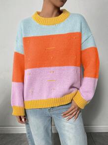 SHEIN LUNE 色彩缤纷宽松休闲圆领套头长袖女式针织毛衣，秋冬款 - 彩色 - 查看 4