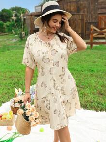 SHEIN LUNE 大码女式长袖花卉印花系带中式长裙，优雅时尚宽松凉爽连衣裙，缓解压力的服装，夏季 - 黃色 - 查看 4