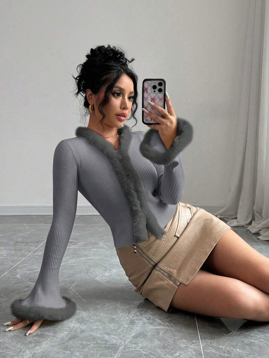 SHEIN Unity Women Turtleneck Contrasting Patchwork Long Sleeve Fitted Cardigan Sweater, Autumn/Winter Fall Cloth For Women - Dark Grey - View 1
