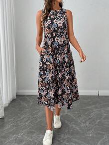 SHEIN LUNE 春季新款休闲度假复古碎花A字无袖连衣裙，办公室女士/教师工作服 - 彩色 - 查看 4