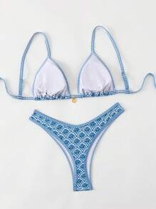 Swim Mod Women Summer Random Floral Spaghetti Strap Sexy Bikini Set - Blue and White - View 2