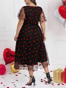 SHEIN Clasi Valentine's Day Women's Spring Dress, Red Heart Mesh Long Dress Plus Size, Elegant - Multicolor - View 2