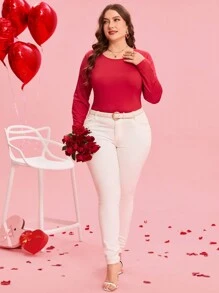 SHEIN Clasi Plus Size Lace Patchwork Long Sleeve Casual Red Hooded T-Shirt Valentines - Red - View 3