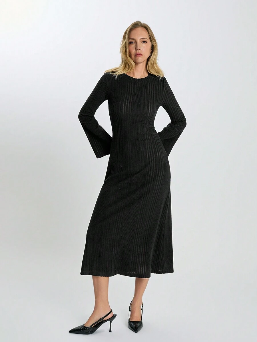 SHEIN Cottnline 不对称罗纹面料优雅长连衣裙 - 黑色 - 查看 1