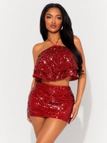 SHEIN SXY 春夏新年结婚季优雅浪漫情人节约会必备红色亮片吊带露背荷叶边结构上衣和褶皱迷你裙两件套 - 紅色 - 查看 4