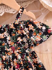 Fern Glow Baby Girl Summer Cute Ditsy Floral Pattern Ruffle Trim Off Shoulder Cami Dress