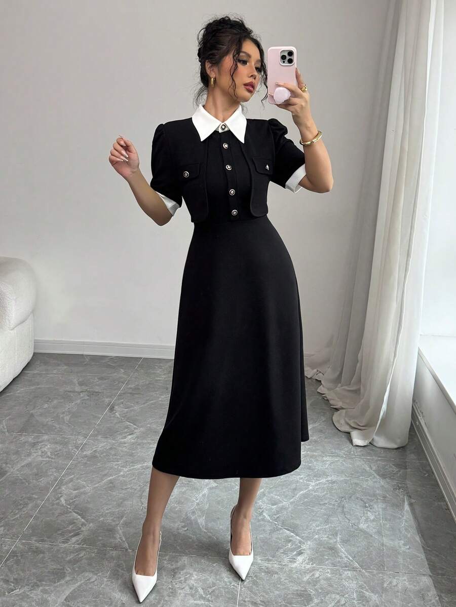 Elenzga Contrast Collar Button Waist Decor Short Sleeve Mid-Length Women's Dress - Black - View 1