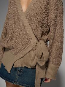 MISSGUIDED 厚实爆米花针织环绕式开衫泡泡袖芭蕾风格秋冬毛衣长袖罗纹下摆交叉前襟款式