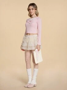 ROMWE Kawaii 1 件手工制作别致简约韩式时尚百搭优质手提包白色 + 粉色网状褶边蝴蝶结装饰，适合女性、女孩日常使用和礼物 - 米色 - 查看 4