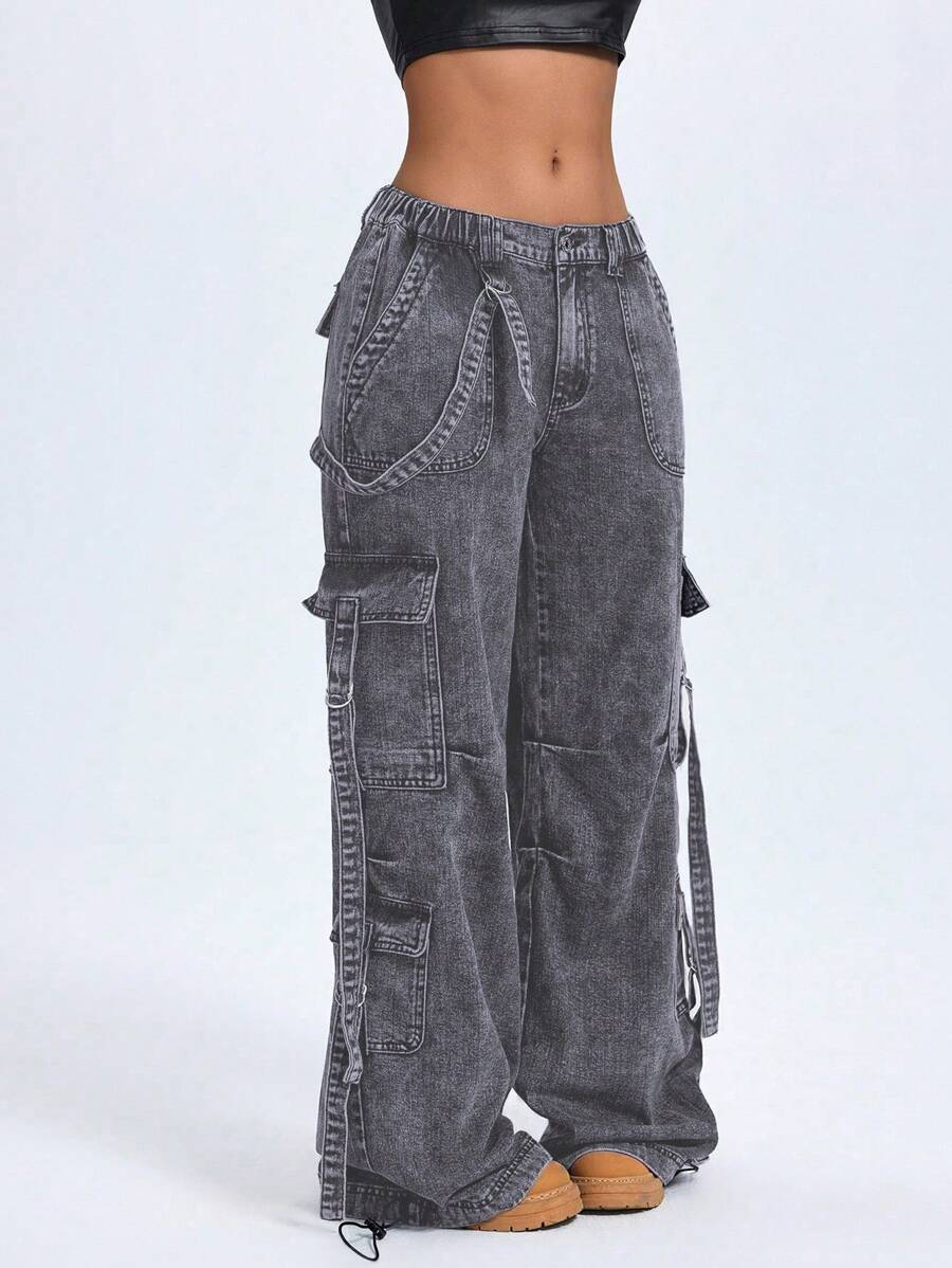 SHEIN ICON Women's Fashion Low-Waist Elastic Waist Wide Legs Cargo Jeans - Light Grey - View 1