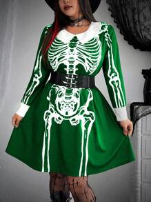 Flirla Plus Size Halloween Cosplay Dark Punk Goth Wednesday Skull Collar Retro Cute Short Dress Fall Cloth For Women - Multicolor - View 3