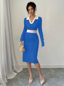 Calvaya Color Block Patchwork Slim Fit Sweater Dress, Casual Autumn/Winter For New Year Clothes