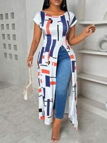 Maweii Áo thun nữ cổ chữ V họa tiết chắp vá hình học cỡ lớn, eo thắt chặt, viền xẻ, thường ngày mùa hè - Nhiều màu - Xem 4