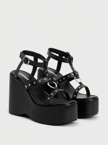 Sugerpunk 1 Pair Women's Solid Color Minimalist Metal Decor Fashion Sandals, Casual Daily Wear Spring Shoes Spring Break Easter - Black - View 2